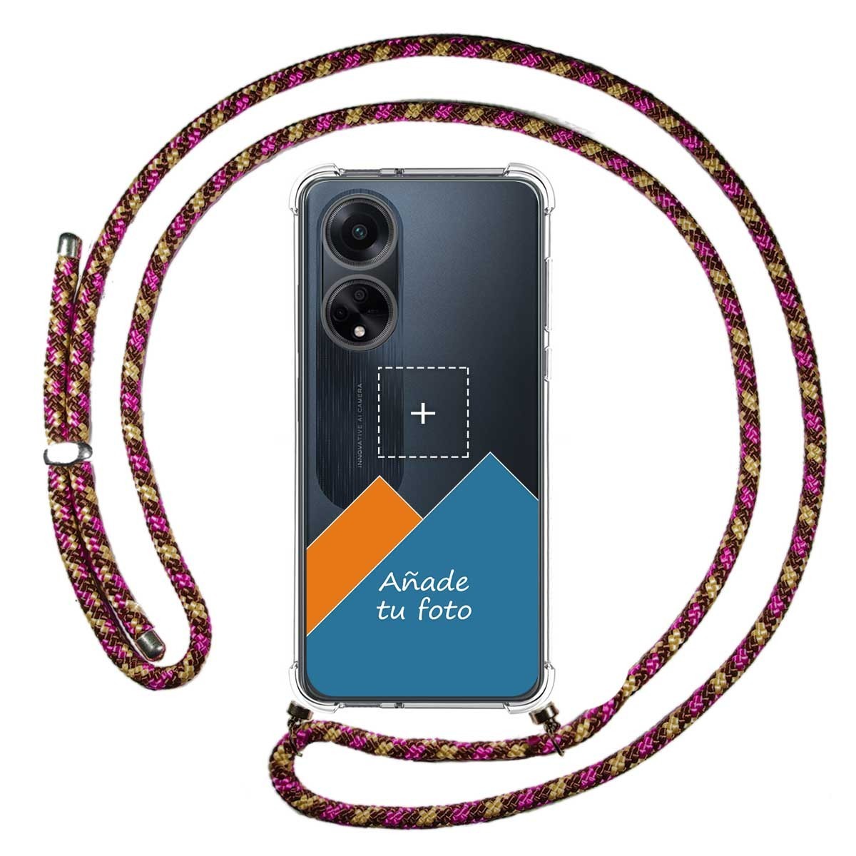 Personaliza tu Funda Colgante Transparente para Oppo A98 5G con Cordon Rosa / Dorado Dibujo Personalizada