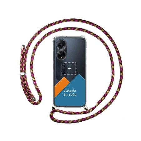 Personaliza tu Funda Colgante Transparente para Oppo A98 5G con Cordon Rosa / Dorado Dibujo Personalizada
