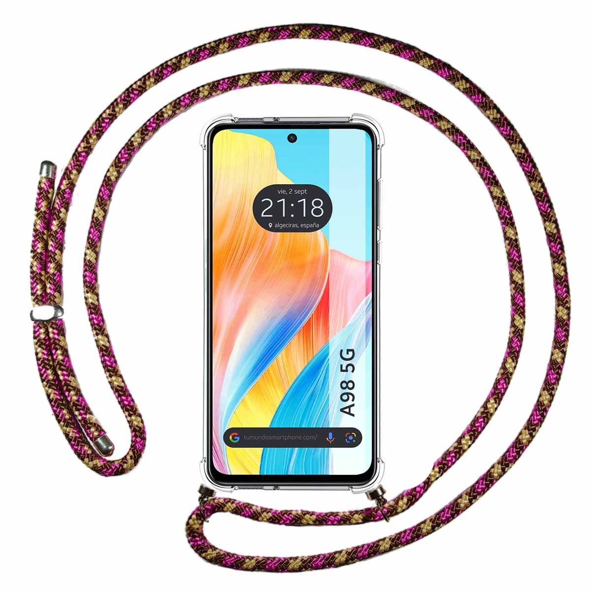 Funda Colgante Transparente para Oppo A98 5G con Cordon Rosa / Dorado