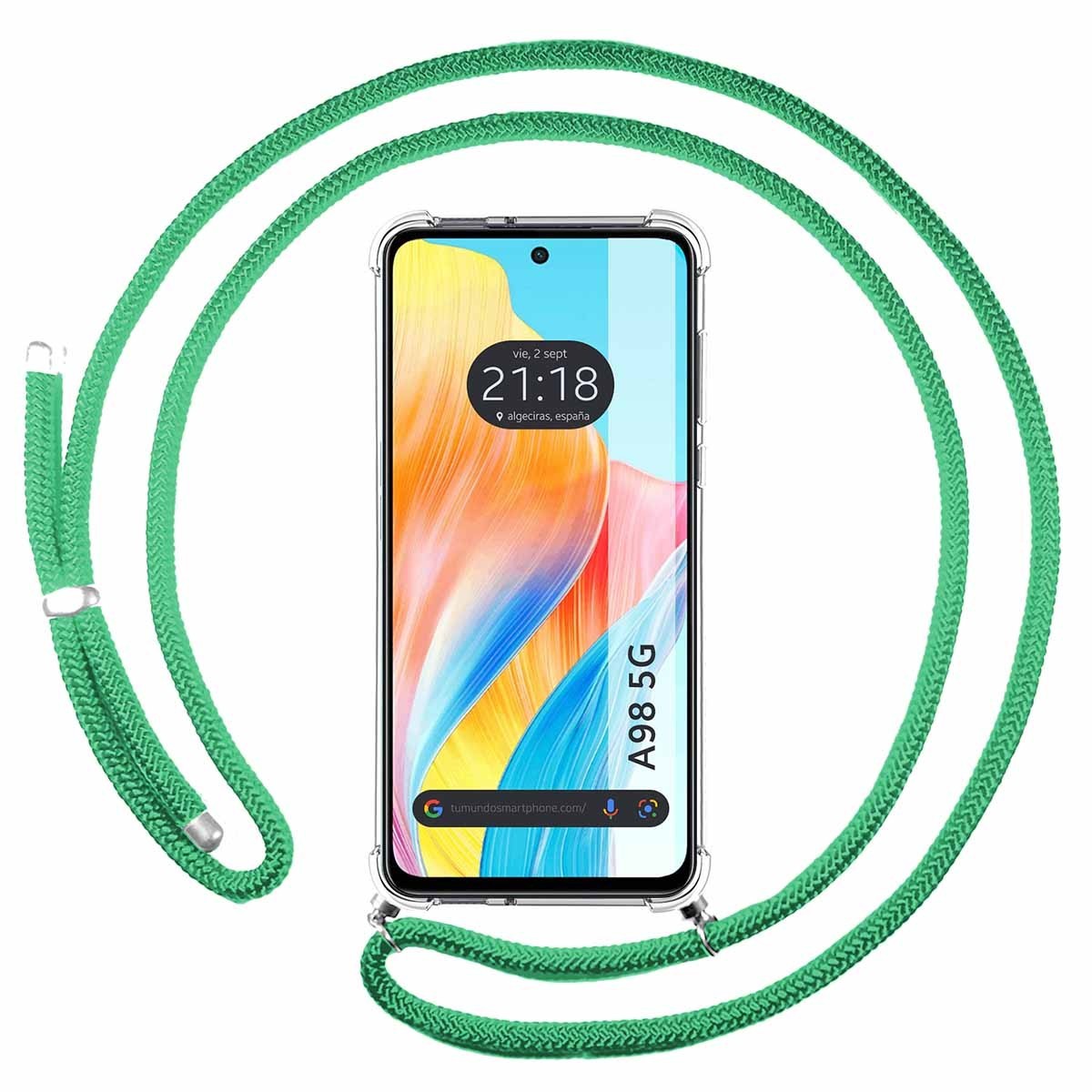 Funda Colgante Transparente para Oppo A98 5G con Cordon Verde Agua
