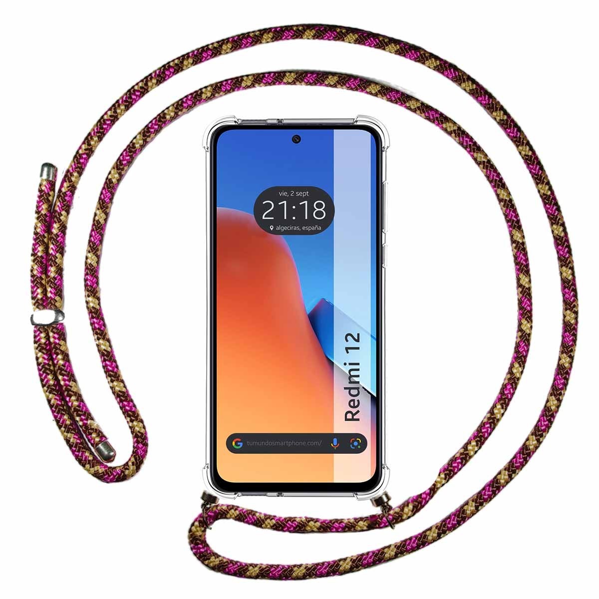 Funda Colgante Transparente compatible con Xiaomi Redmi 12 con Cordon Rosa / Dorado