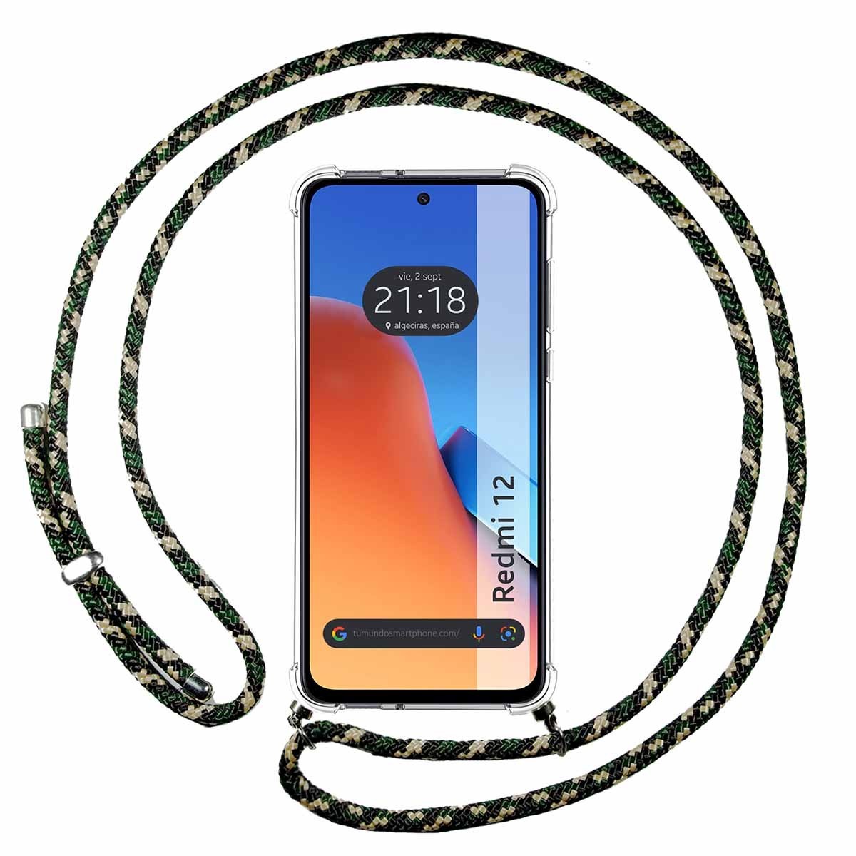 Funda Colgante Transparente compatible con Xiaomi Redmi 12 con Cordon Verde / Dorado