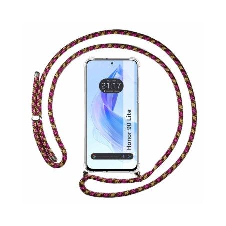 Funda Colgante Transparente compatible con Huawei Honor 90 lite 5G con Cordon Rosa / Dorado
