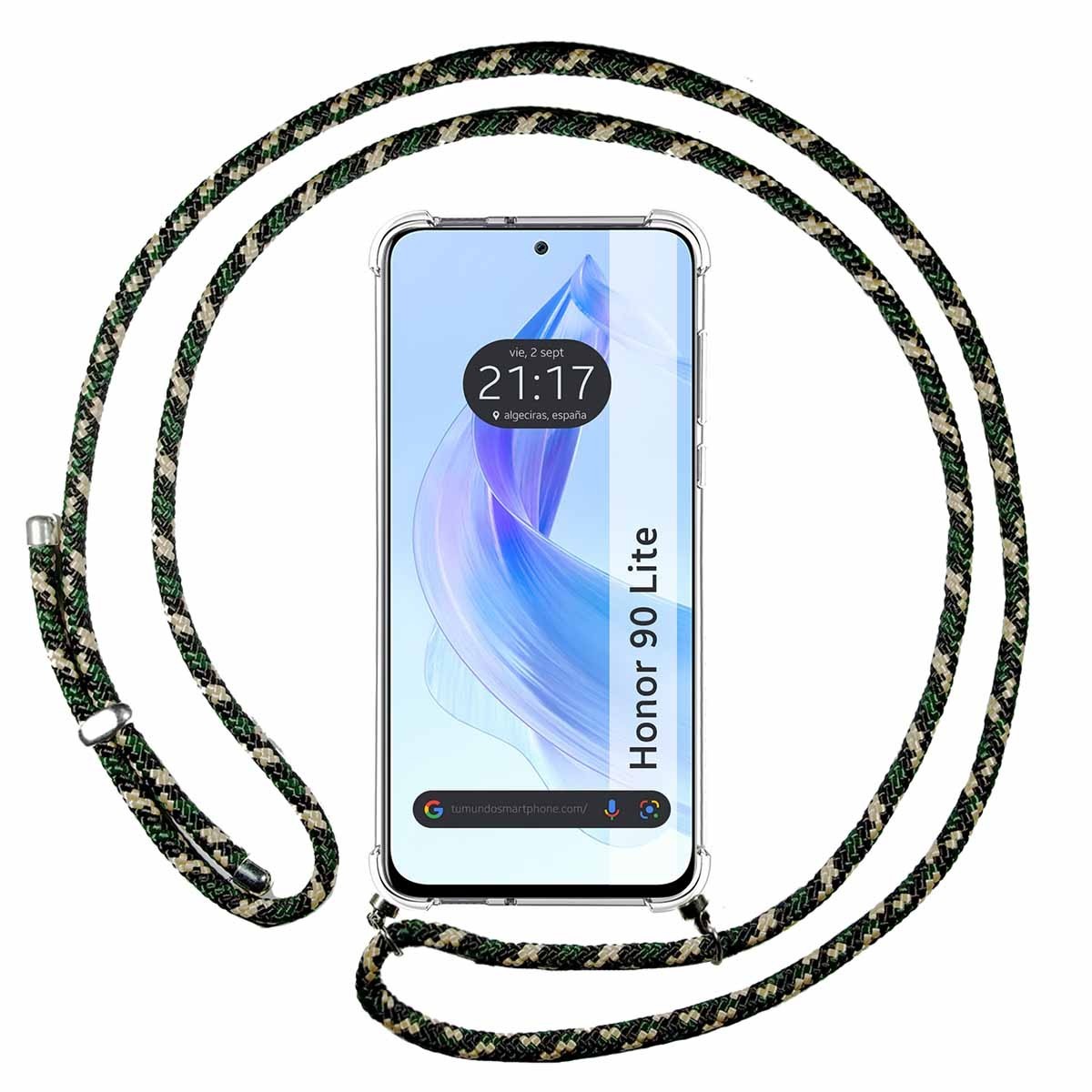 Funda Colgante Transparente compatible con Huawei Honor 90 lite 5G con Cordon Verde / Dorado