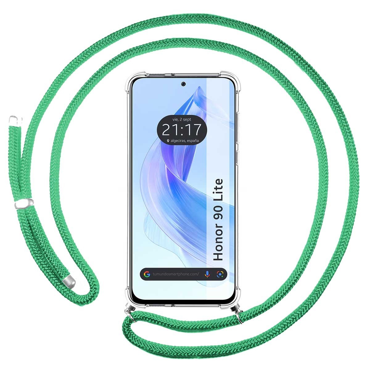 Funda Colgante Transparente compatible con Huawei Honor 90 lite 5G con Cordon Verde Agua