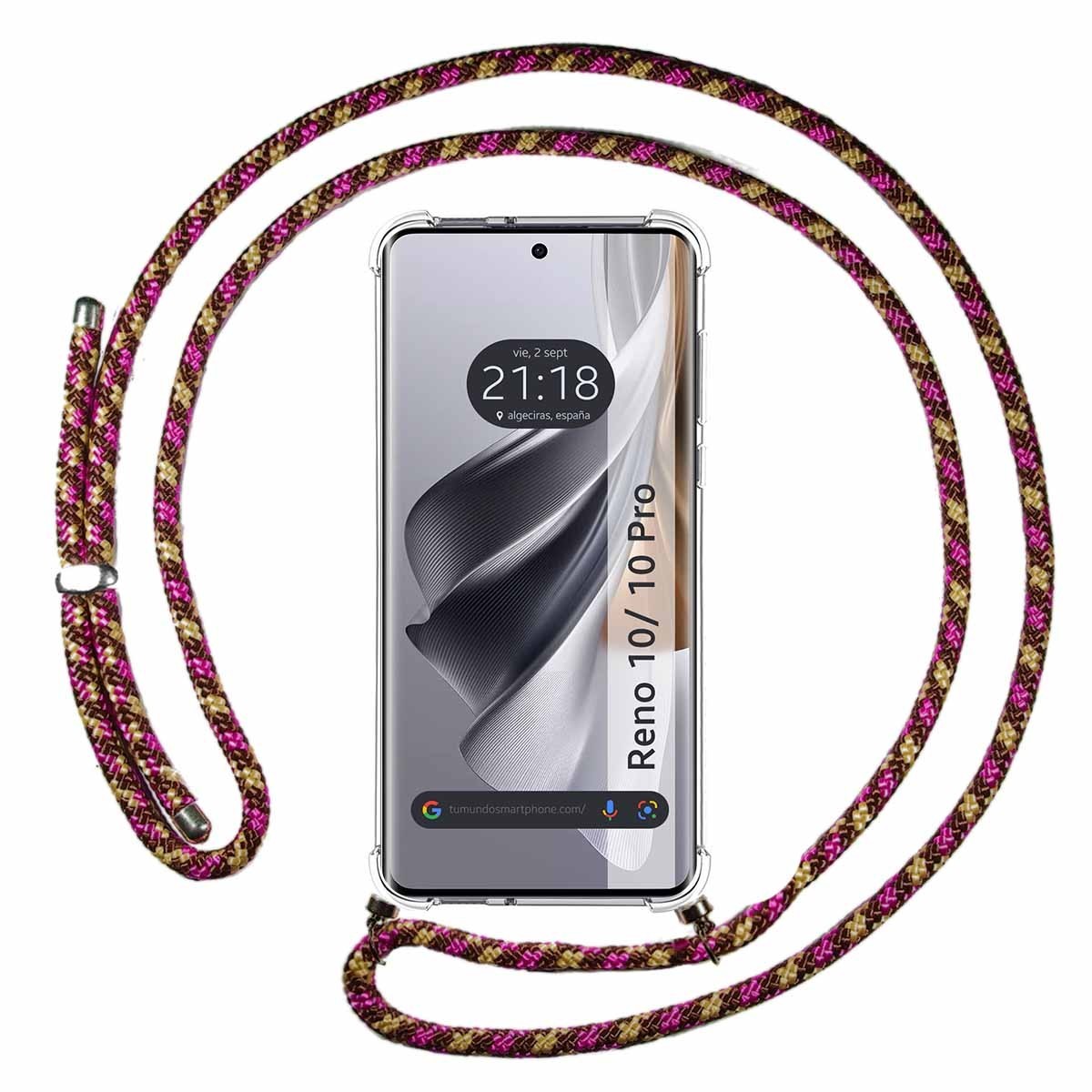 Funda Colgante Transparente para Oppo Reno 10 5G / 10 Pro 5G con Cordon Rosa / Dorado