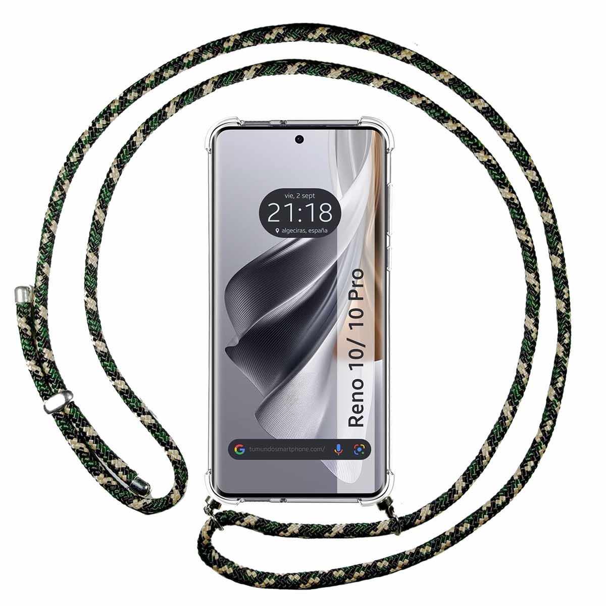 Funda Colgante Transparente para Oppo Reno 10 5G / 10 Pro 5G con Cordon Verde / Dorado