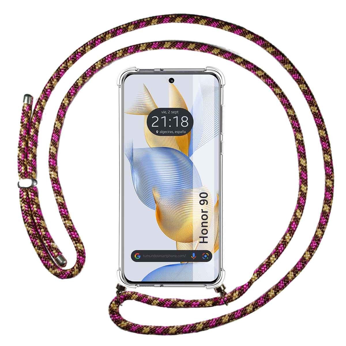 Funda Colgante Transparente compatible con Huawei Honor 90 5G con Cordon Rosa / Dorado