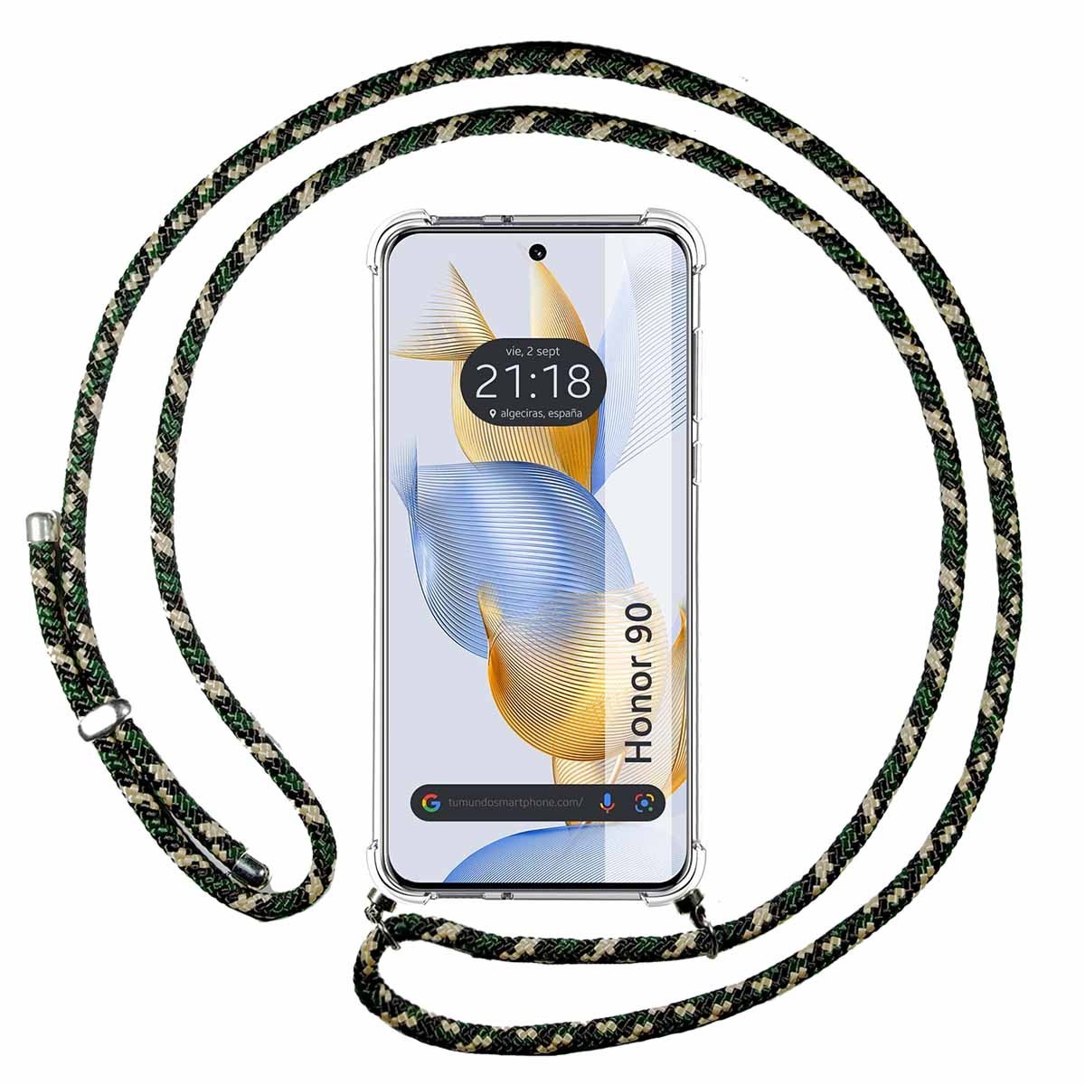 Funda Colgante Transparente compatible con Huawei Honor 90 5G con Cordon Verde / Dorado