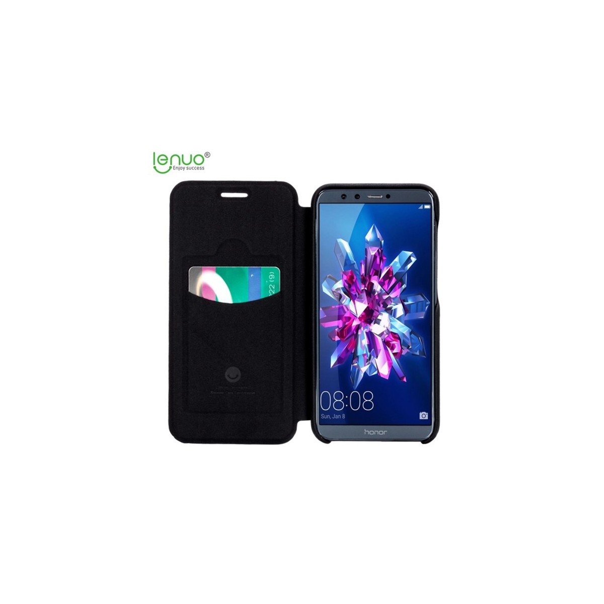 Funda Piel Flip Negra Marca Lenuo para Huawei Honor 9 Lite
