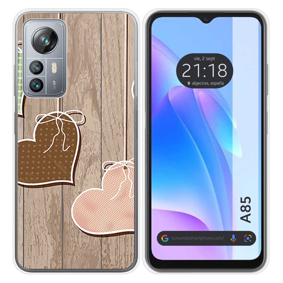 Funda Silicona para Blackview A85 diseño Corazones Madera Dibujos