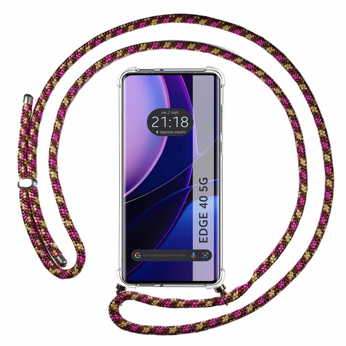 Funda Colgante Transparente para Motorola Edge 40 5G con Cordon Rosa / Dorado