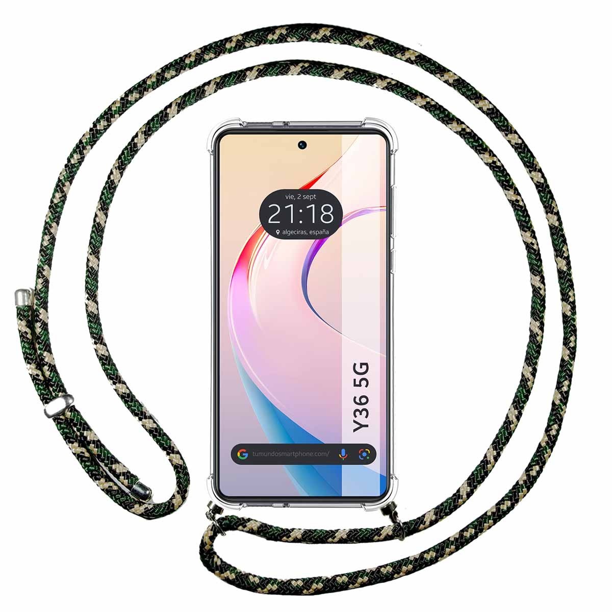 Funda Colgante Transparente para Vivo Y36 4G / 5G con Cordon Verde / Dorado