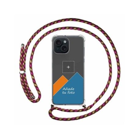 Personaliza tu Funda Colgante Transparente compatible con Iphone 15 (6.1) con Cordon Rosa / Dorado Dibujo