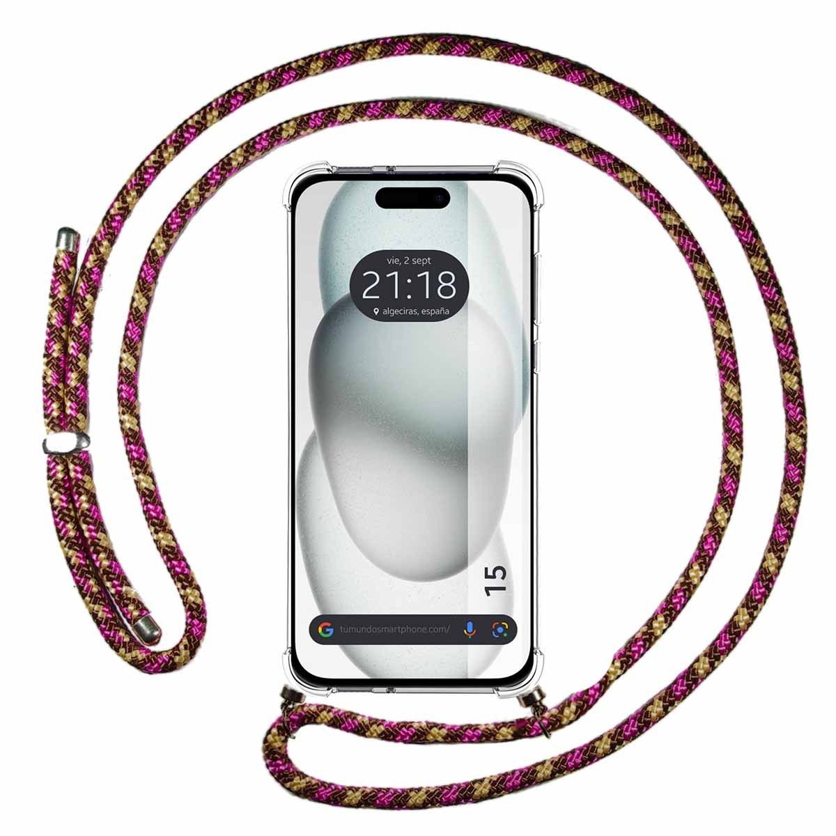 Funda Colgante Transparente compatible con Iphone 15 (6.1) con Cordon Rosa / Dorado