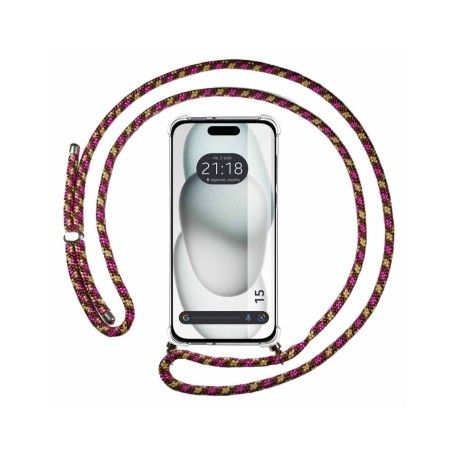 Funda Colgante Transparente compatible con Iphone 15 (6.1) con Cordon Rosa / Dorado