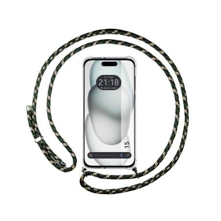 Funda Colgante Transparente compatible con Iphone 15 (6.1) con Cordon Verde / Dorado