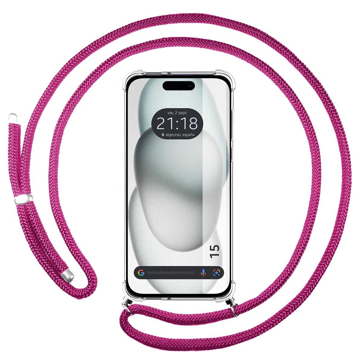 Funda Colgante Transparente compatible con Iphone 15 (6.1) con Cordon Rosa Fucsia