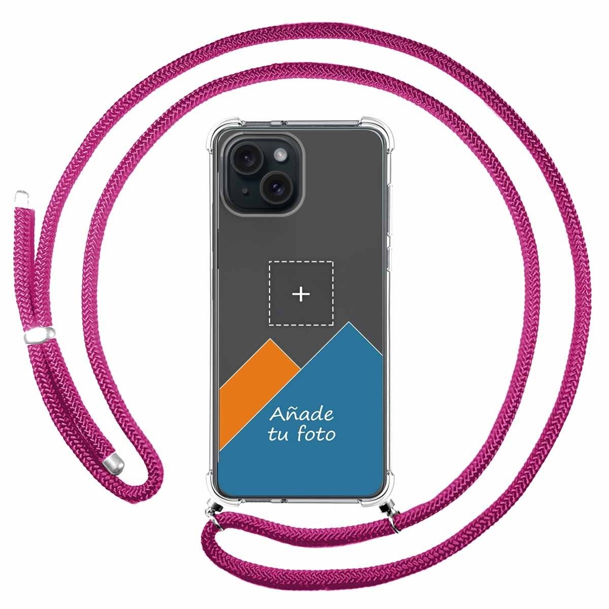 Personaliza tu Funda Colgante Transparente compatible con IPhone 15 Plus (6.7) con Cordon Rosa Fucsia Dibujo
