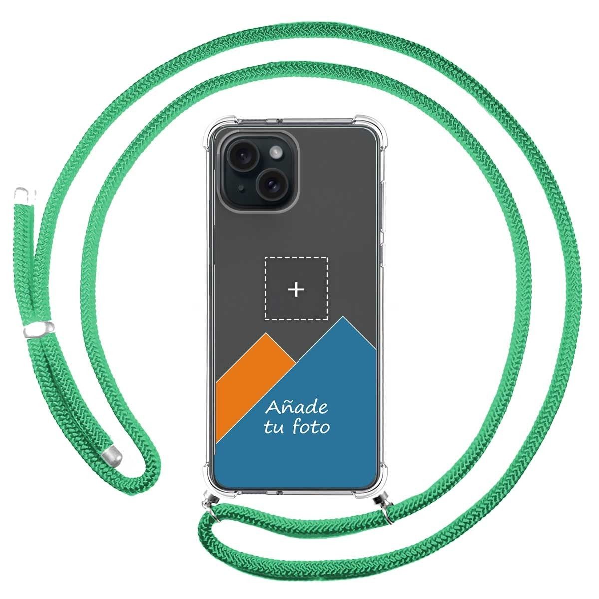 Personaliza tu Funda Colgante Transparente compatible con IPhone 15 Plus (6.7) con Cordon Verde Agua Dibujo
