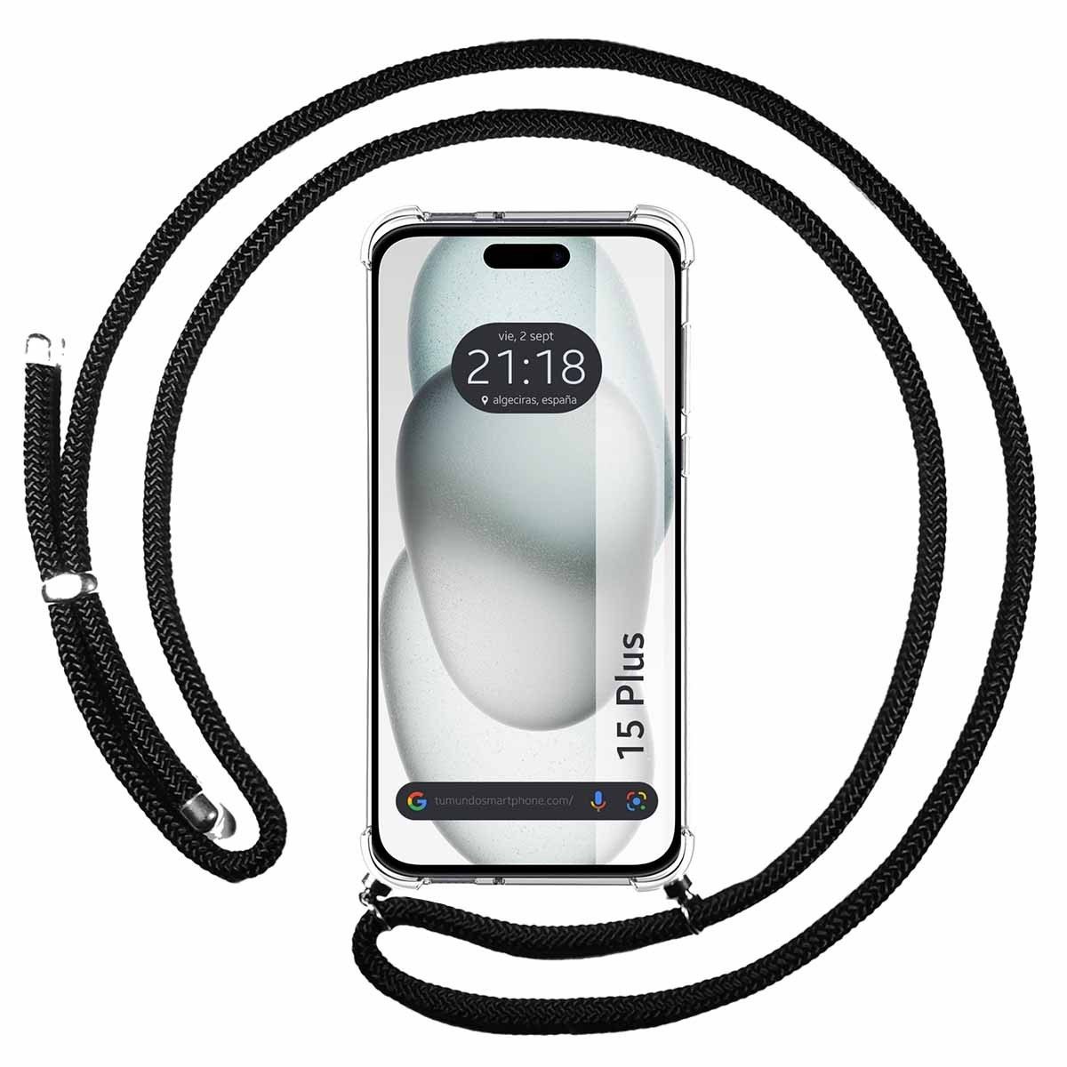 Funda Colgante Transparente compatible con Iphone 15 Plus (6.7) con Cordon Negro