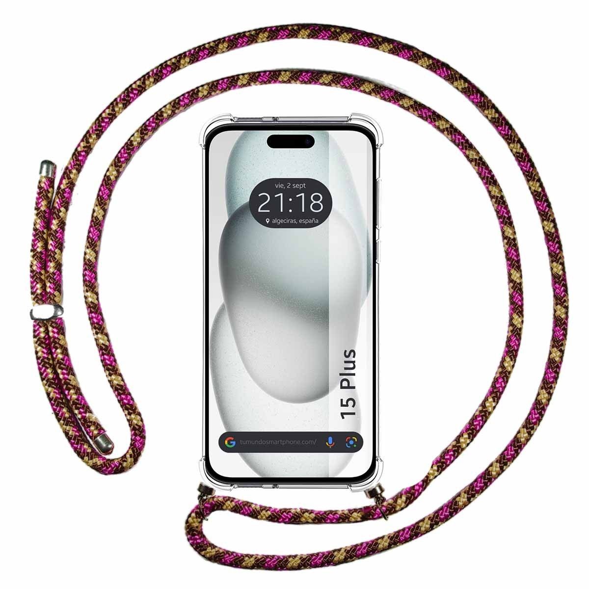 Funda Colgante Transparente compatible con Iphone 15 Plus (6.7) con Cordon Rosa / Dorado