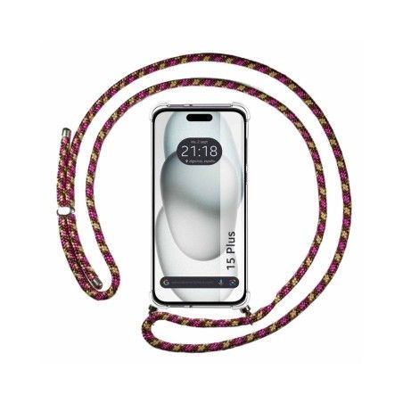 Funda Colgante Transparente compatible con Iphone 15 Plus (6.7) con Cordon Rosa / Dorado