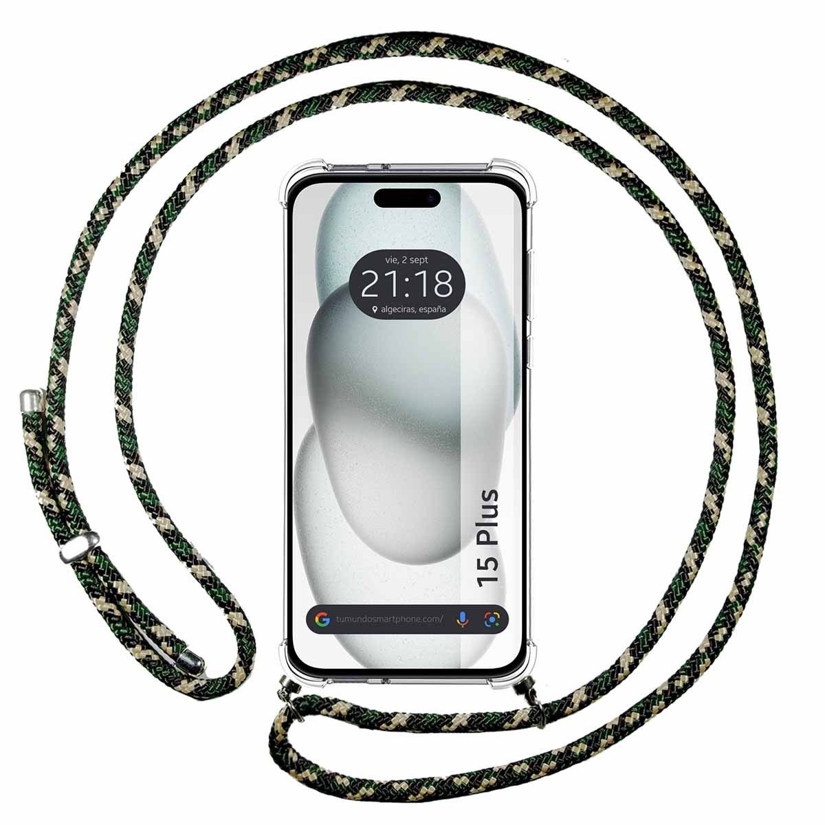 Funda Colgante Transparente compatible con Iphone 15 Plus (6.7) con Cordon Verde / Dorado