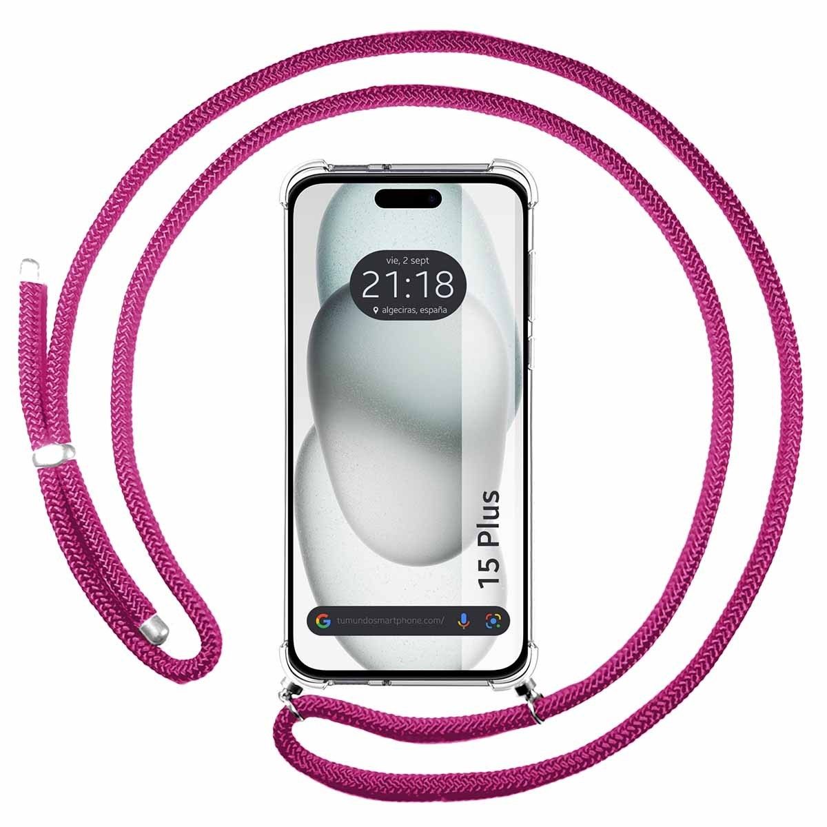 Funda Colgante Transparente compatible con Iphone 15 Plus (6.7) con Cordon Rosa Fucsia