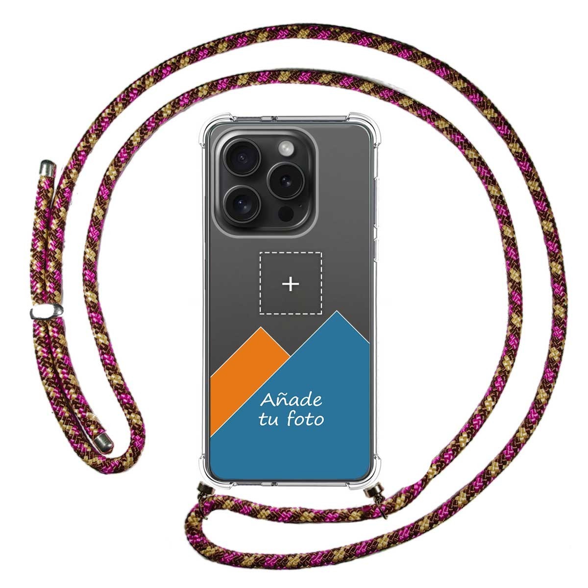 Personaliza tu Funda Colgante Transparente compatible con IPhone 15 Pro (6.1) con Cordon Rosa / Dorado Dibujo