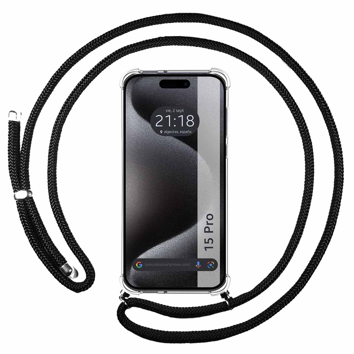 Funda Colgante Transparente compatible con Iphone 15 Pro (6.1) con Cordon Negro