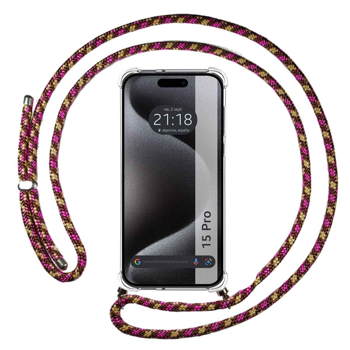 Funda Colgante Transparente compatible con Iphone 15 Pro (6.1) con Cordon Rosa / Dorado