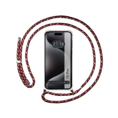 Funda Colgante Transparente compatible con Iphone 15 Pro (6.1) con Cordon Rosa / Dorado
