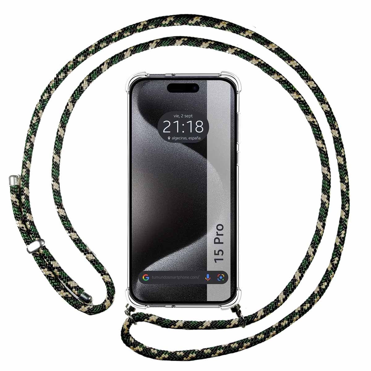 Funda Colgante Transparente compatible con Iphone 15 Pro (6.1) con Cordon Verde / Dorado