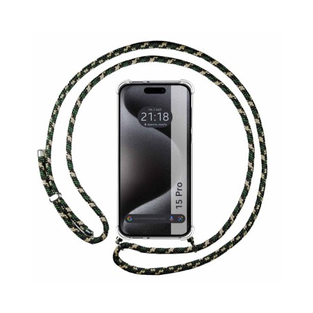 Funda Colgante Transparente compatible con Iphone 15 Pro (6.1) con Cordon Verde / Dorado