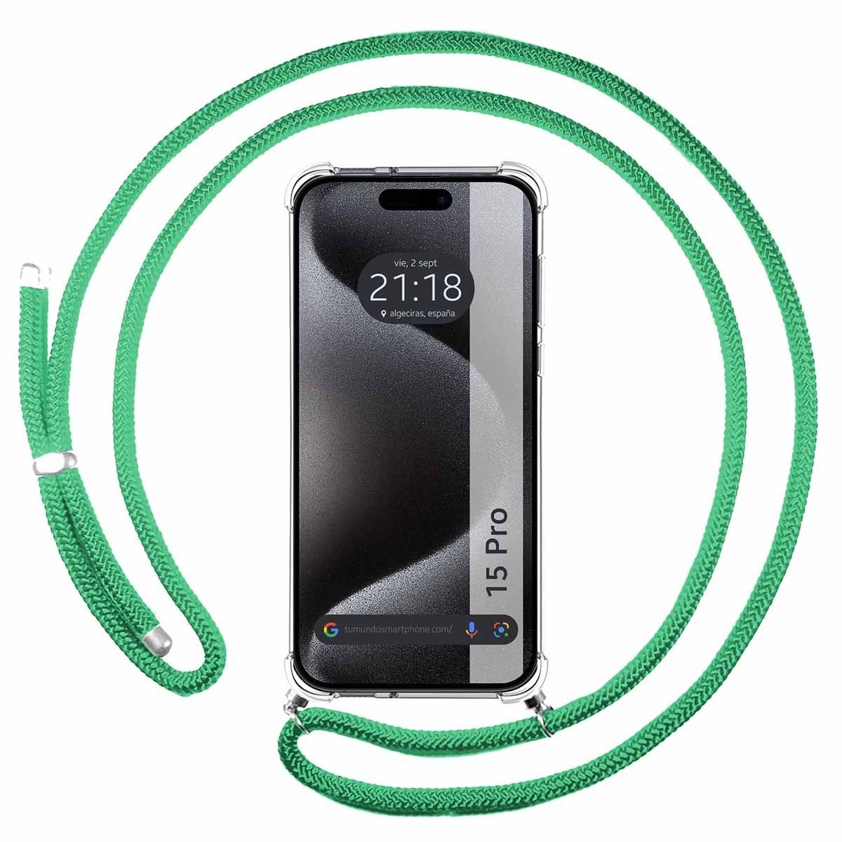 Funda Colgante Transparente compatible con Iphone 15 Pro (6.1) con Cordon Verde Agua