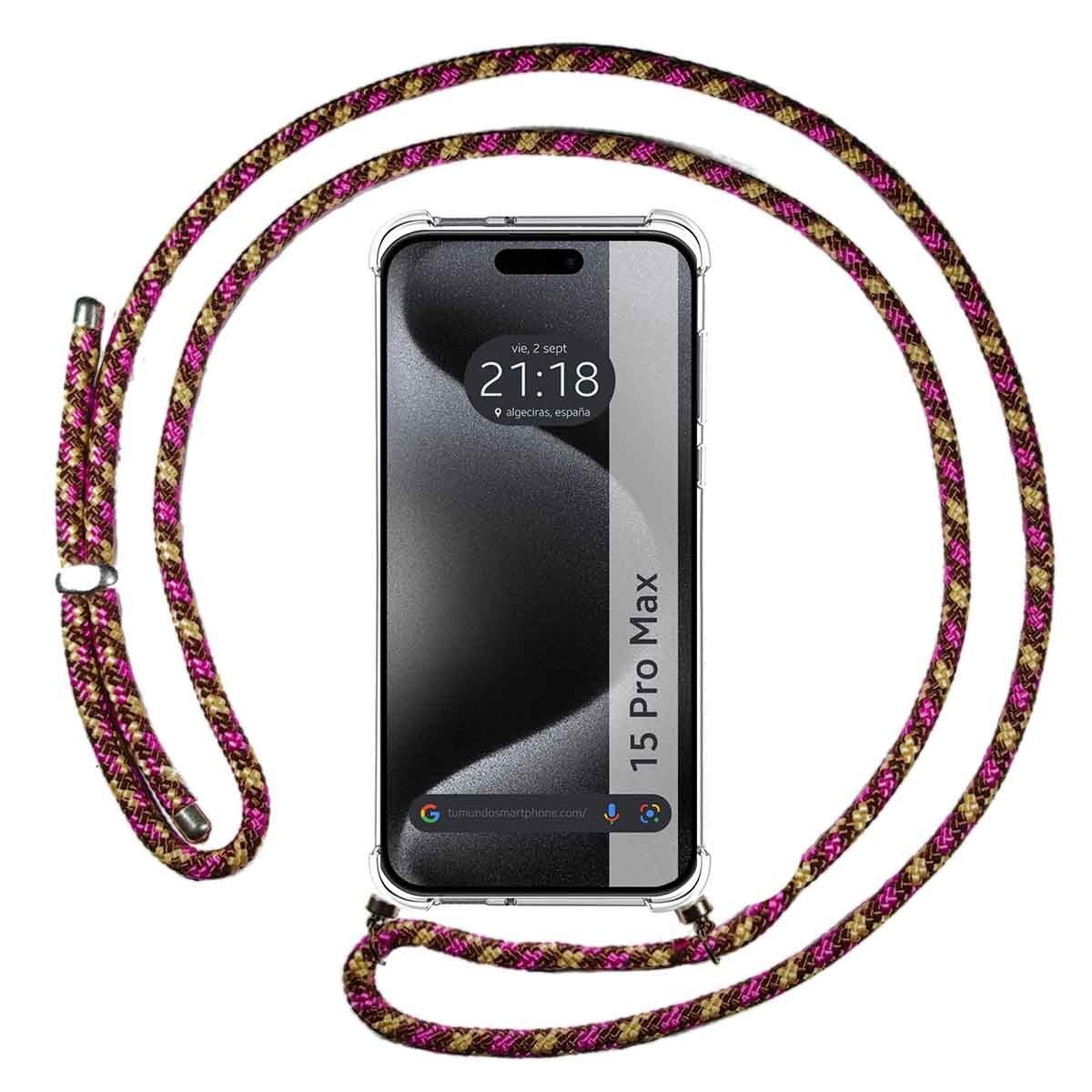 Funda Colgante Transparente compatible con Iphone 15 Pro Max (6.7) con Cordon Rosa / Dorado