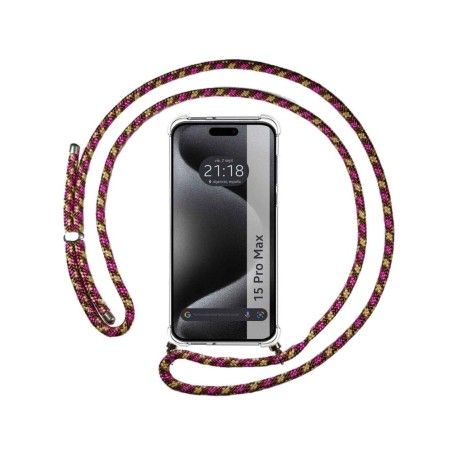 Funda Colgante Transparente compatible con Iphone 15 Pro Max (6.7) con Cordon Rosa / Dorado