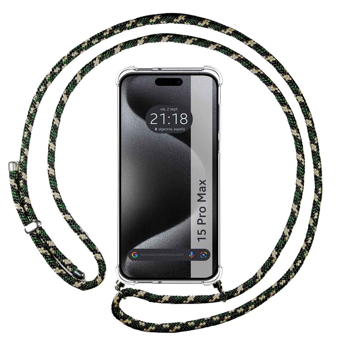 Funda Colgante Transparente compatible con Iphone 15 Pro Max (6.7) con Cordon Verde / Dorado