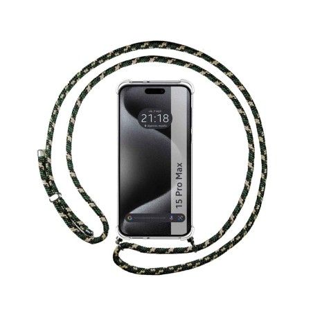 Funda Colgante Transparente compatible con Iphone 15 Pro Max (6.7) con Cordon Verde / Dorado