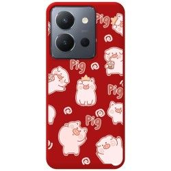 Funda Silicona Líquida Roja para Vivo Y36 4G / 5G diseño Cerdos Dibujos