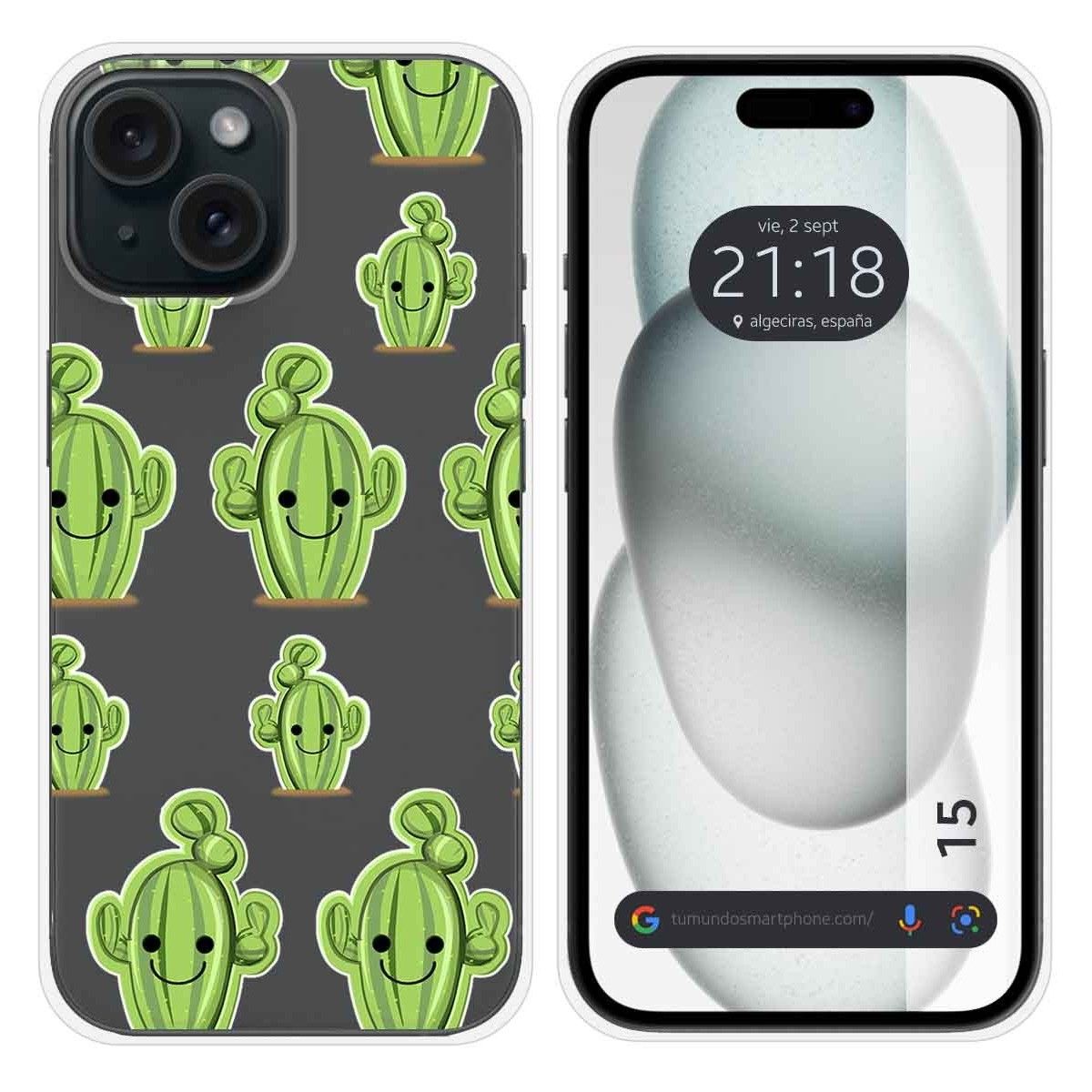 Funda Silicona Transparente compatible con Iphone 15 (6.1) diseño Cactus Dibujos