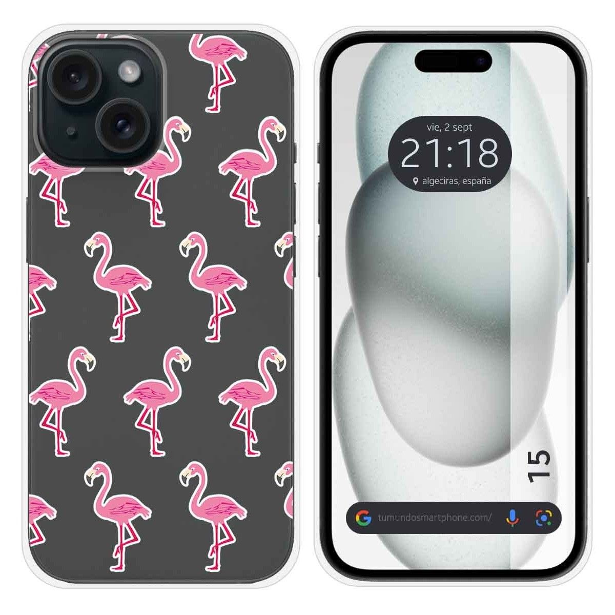 Funda Silicona Transparente compatible con Iphone 15 (6.1) diseño Flamenco Dibujos