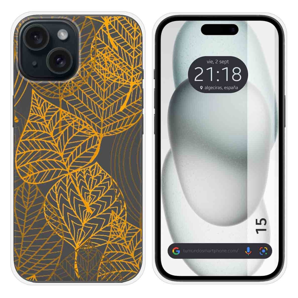 Funda Silicona Transparente compatible con Iphone 15 (6.1) diseño Hojas Dibujos