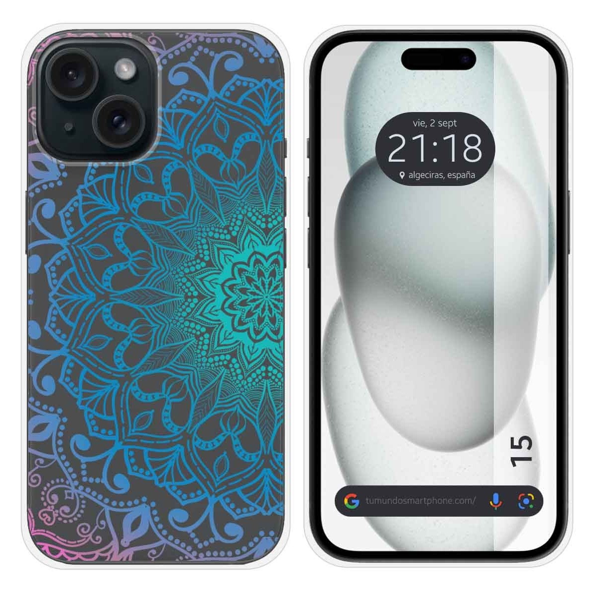 Funda Silicona Transparente compatible con Iphone 15 (6.1) diseño Mandala Dibujos