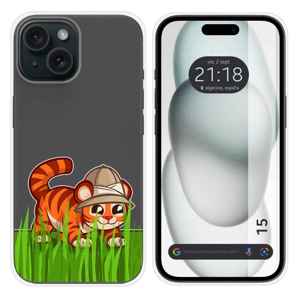 Funda Silicona Transparente compatible con Iphone 15 (6.1) diseño Tigre Dibujos