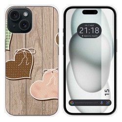 Funda Silicona compatible con Iphone 15 (6.1) diseño Corazones Madera Dibujos