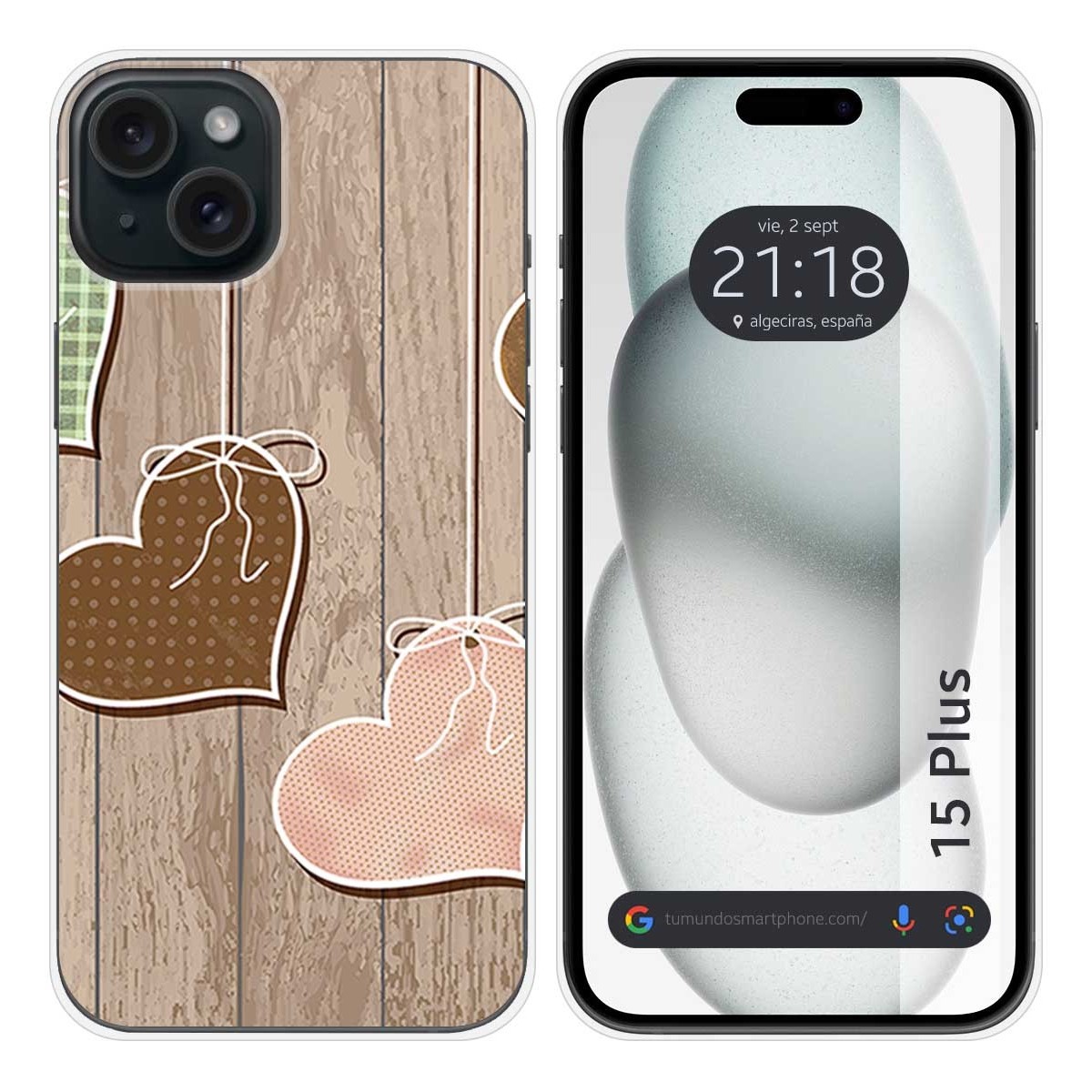 Funda Silicona compatible con IPhone 15 Plus (6.7) diseño Corazones Madera Dibujos