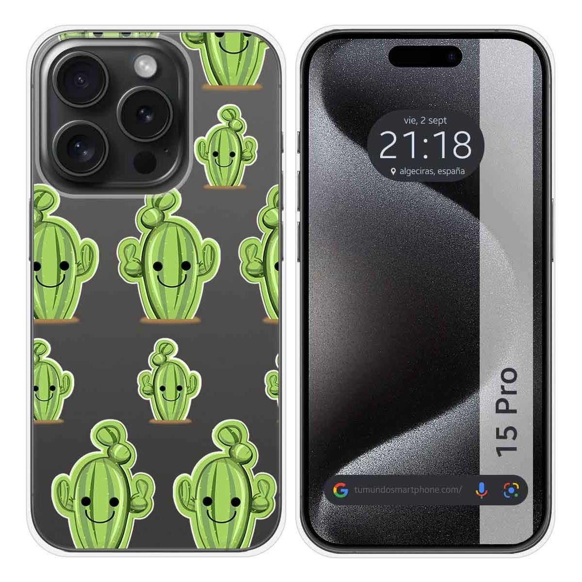 Funda Silicona Transparente compatible con IPhone 15 Pro (6.1) diseño Cactus Dibujos