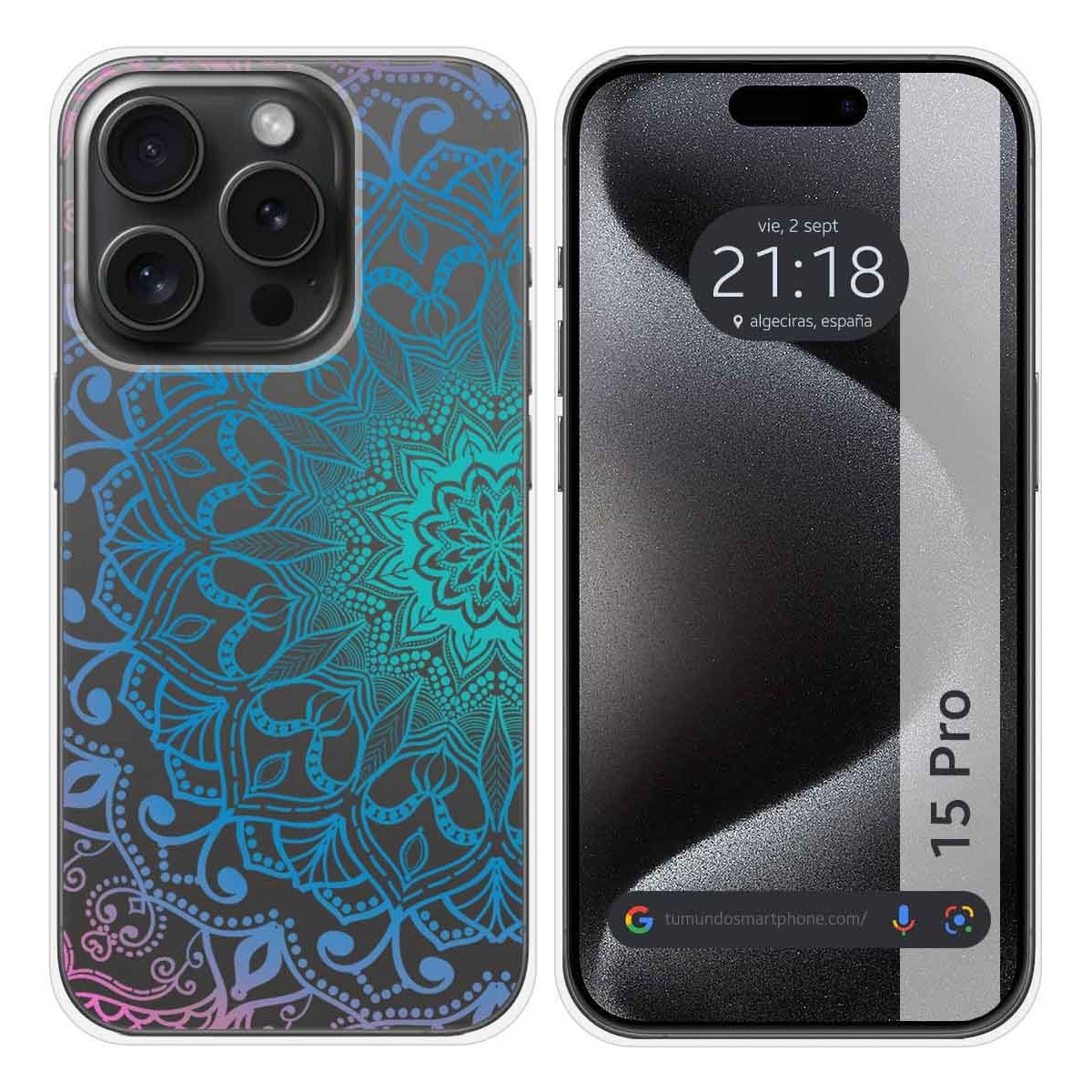 Funda Silicona Transparente compatible con IPhone 15 Pro (6.1) diseño Mandala Dibujos